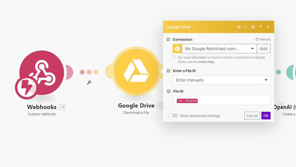 Liaison du module « Upload a file » de Google Drive au custom webhook
